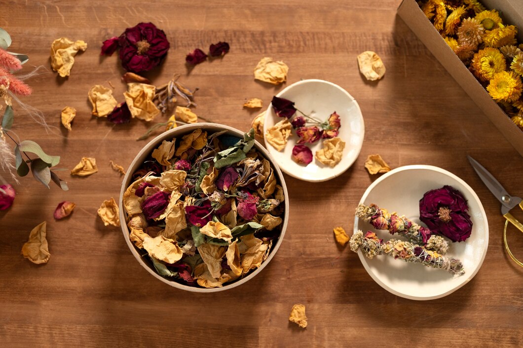 Aromatic herbal tea ingredients including dried flowers and herbs arranged on a wooden surface